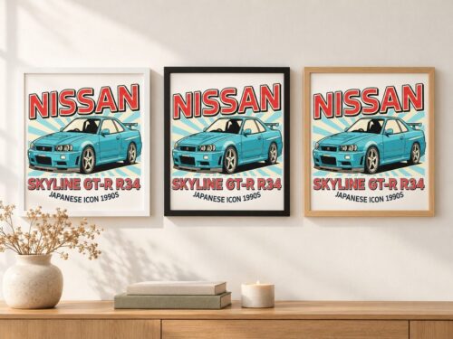 Същият постер с Nissan Skyline в бяла, черна и дървена рамка на стена в стая