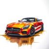 Постер оранжев Mercedes-AMG GT: купе с преливане от жълто до червено и златиста боя, която се стича под колелата