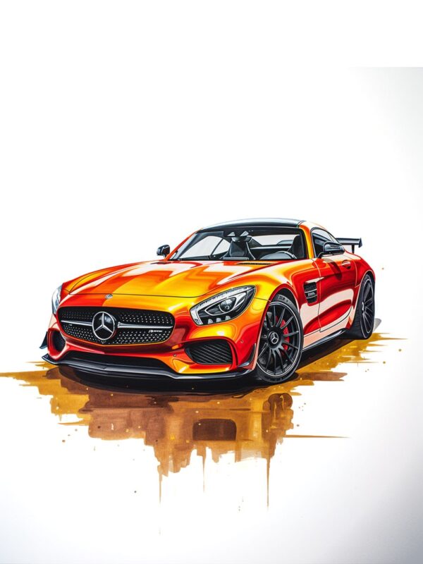 Постер оранжев Mercedes-AMG GT: купе с преливане от жълто до червено и златиста боя, която се стича под колелата
