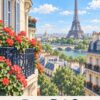 Постер Париж Айфелова кула: балкон с червени цветя и надпис „PARIS“