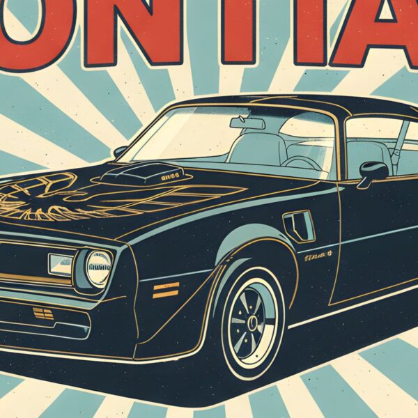 Детайл отблизо: Постер Pontiac Firebird Trans Am: черно купе със златна птица на капака