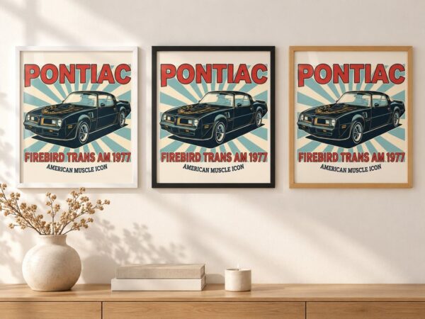 Същият постер с Pontiac Firebird в бяла, черна и дървена рамка на стена в стая