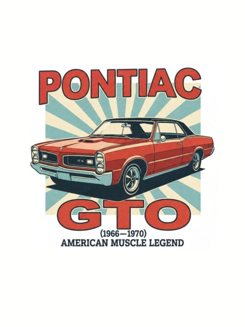 Постер Pontiac GTO: червено купе с черен покрив пред слънчеви лъчи