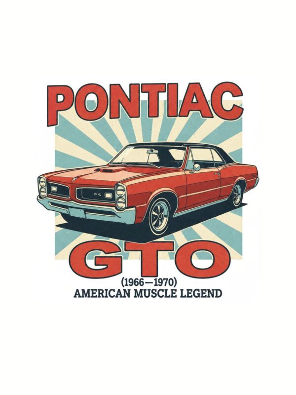 Постер Pontiac GTO: червено купе с черен покрив пред слънчеви лъчи