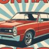 Детайл отблизо: Постер Pontiac GTO: червено купе с черен покрив пред слънчеви лъчи
