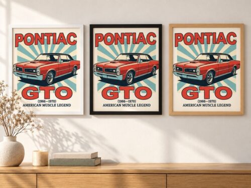 Същият постер с Pontiac GTO в бяла, черна и дървена рамка на стена в стая