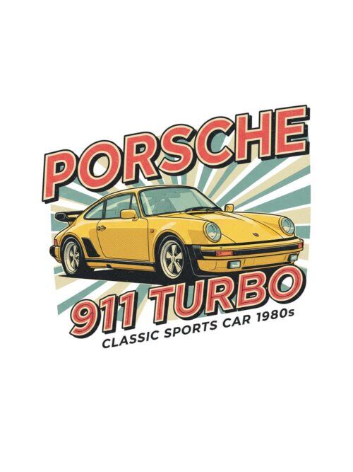 Постер Porsche 911 Turbo: жълто спортно купе пред наклонени зелени лъчи Постер Porsche 911 Turbo: жълто спортно купе пред наклонени зелени лъчи