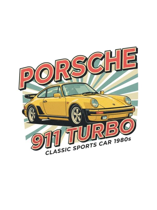 Постер Porsche 911 Turbo: жълто спортно купе пред наклонени зелени лъчи Постер Porsche 911 Turbo: жълто спортно купе пред наклонени зелени лъчи