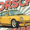 Детайл отблизо: Постер Porsche 911 Turbo: жълто спортно купе пред наклонени зелени лъчи Детайл отблизо: Постер Porsche 911 Turbo: жълто спортно купе пред наклонени зелени лъчи