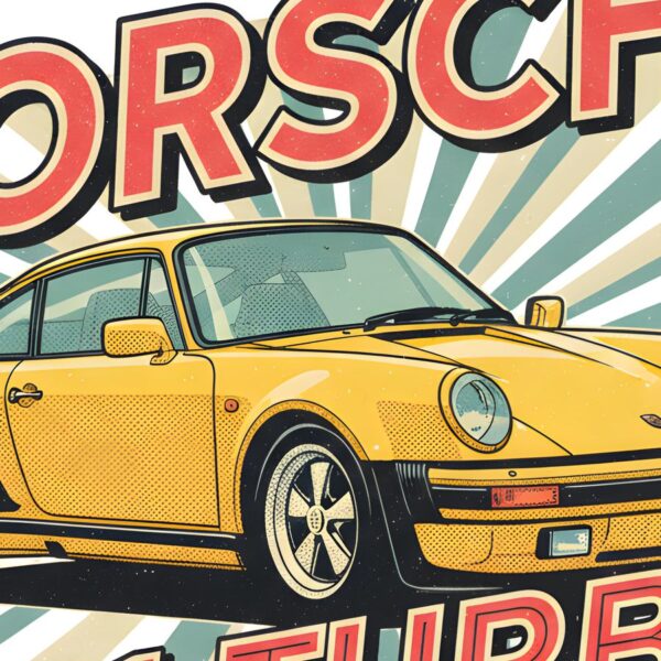 Детайл отблизо: Постер Porsche 911 Turbo: жълто спортно купе пред наклонени зелени лъчи Детайл отблизо: Постер Porsche 911 Turbo: жълто спортно купе пред наклонени зелени лъчи