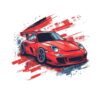 Постер Porsche 911 в движение: червено купе с голямо задно крило сред червени и тъмносини мазки на бял фон