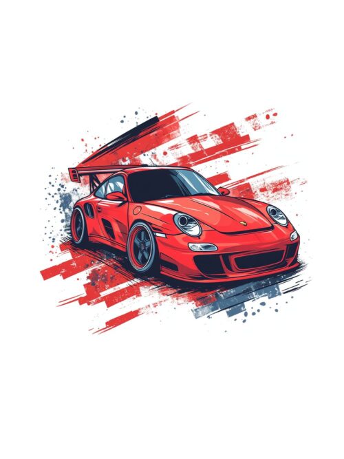 Постер Porsche 911 в движение: червено купе с голямо задно крило сред червени и тъмносини мазки на бял фон