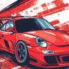 Детайл: предният калник, фарът и тъмносините мазки около червеното Porsche 911 отблизо