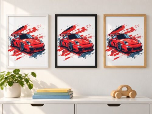 Същият постер с Porsche 911 в движение в бяла, черна и дървена рамка на стена в стая