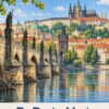 Постер Прага Карлов мост със статуи, река, замък на хълма и надпис „PRAHA“