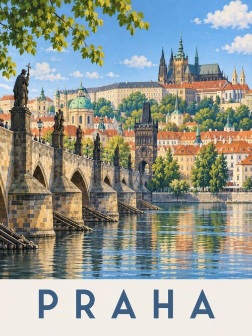 Постер Прага Карлов мост със статуи, река, замък на хълма и надпис „PRAHA“ Постер Прага Карлов мост със статуи, река, замък на хълма и надпис „PRAHA“
