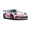 Постер розов Porsche GT3 RS: спортно купе в пудрено розово с черни джанти и голямо задно крило на бял фон