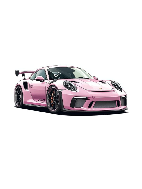 Постер розов Porsche GT3 RS: спортно купе в пудрено розово с черни джанти и голямо задно крило на бял фон