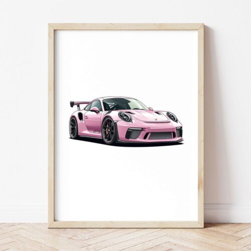Постер с розов Porsche GT3 RS в светла дървена рамка, облегнат на бяла стена върху паркет