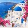 Постер Санторини сини куполи: бяла църква, камбанария, море и надпис „SANTORINI“
