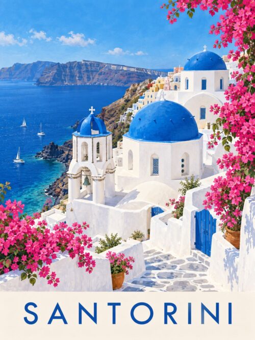 Постер Санторини сини куполи: бяла църква, камбанария, море и надпис „SANTORINI“
