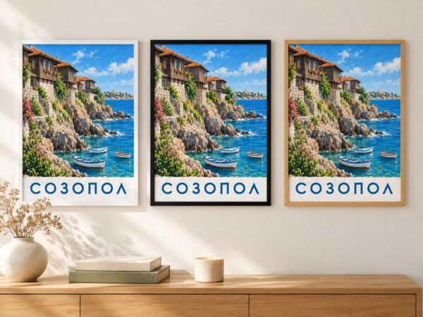 Същият постер със Созопол в бяла, черна и дървена рамка на стена в стая Същият постер със Созопол в бяла, черна и дървена рамка на стена в стая
