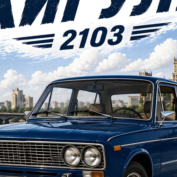 Детайл отблизо: Постер тъмносини жигули 2103: тъмносин седан с четири фара пред река и висока сграда