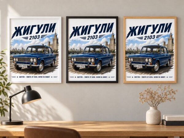 Същата картина с тъмносин седан в бяла, черна и дървена рамка на стена в стая