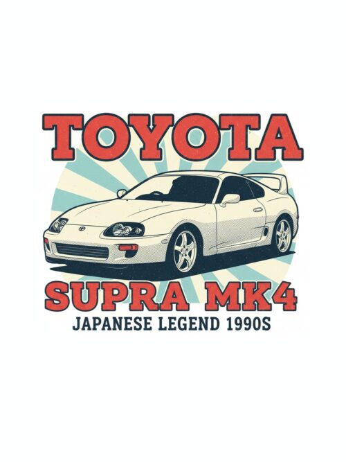 Постер Toyota Supra MK4: бяла кола пред слънчеви лъчи и червен надпис Постер Toyota Supra MK4: бяла кола пред слънчеви лъчи и червен надпис