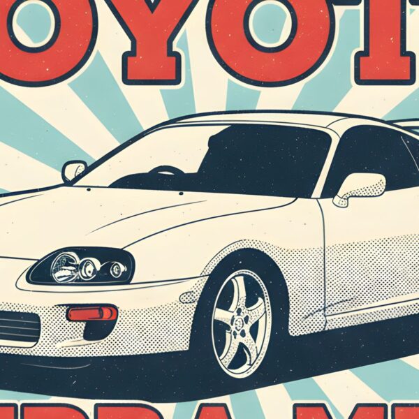 Детайл отблизо: Постер Toyota Supra MK4: бяла кола пред слънчеви лъчи и червен надпис Детайл отблизо: Постер Toyota Supra MK4: бяла кола пред слънчеви лъчи и червен надпис