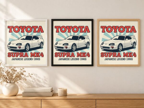 Същият постер със Supra в бяла, черна и дървена рамка на стена в стая Същият постер със Supra в бяла, черна и дървена рамка на стена в стая