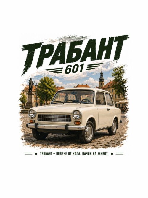 Постер Трабант 601: кремава кола на павиран площад със статуя Постер Трабант 601: кремава кола на павиран площад със статуя