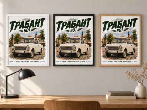 Същият постер с Трабант в бяла, черна и дървена рамка на стена в стая