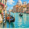 Постер Венеция гондоли на тюркоазен канал с надпис „VENEZIA“ върху кремава лента
