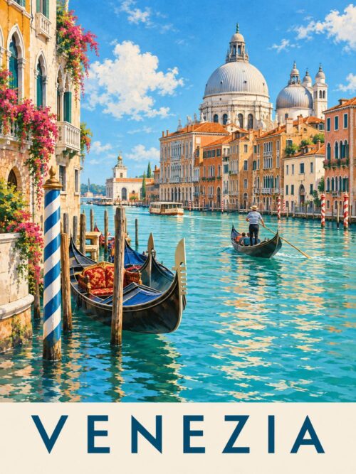 Постер Венеция гондоли на тюркоазен канал с надпис „VENEZIA“ върху кремава лента Постер Венеция гондоли на тюркоазен канал с надпис „VENEZIA“ върху кремава лента