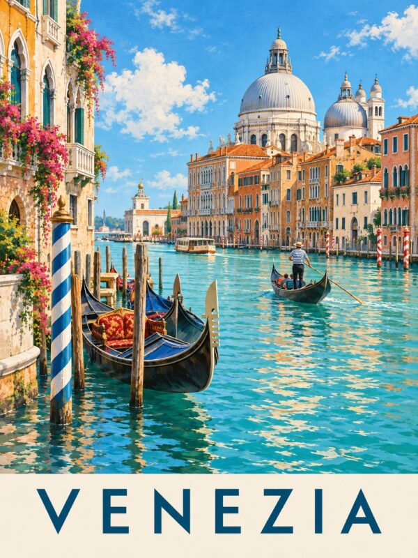 Постер Венеция гондоли на тюркоазен канал с надпис „VENEZIA“ върху кремава лента