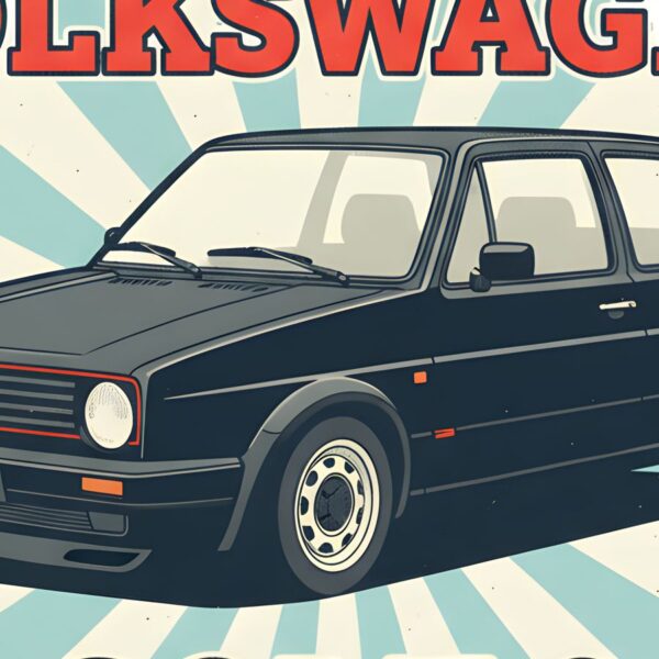 Детайл отблизо: Постер Volkswagen Golf 2: тъмна кола с кръгли фарове пред слънчеви лъчи Детайл отблизо: Постер Volkswagen Golf 2: тъмна кола с кръгли фарове пред слънчеви лъчи