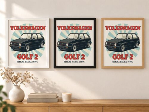 Същият постер с Volkswagen Golf 2 в бяла, черна и дървена рамка на стена в стая