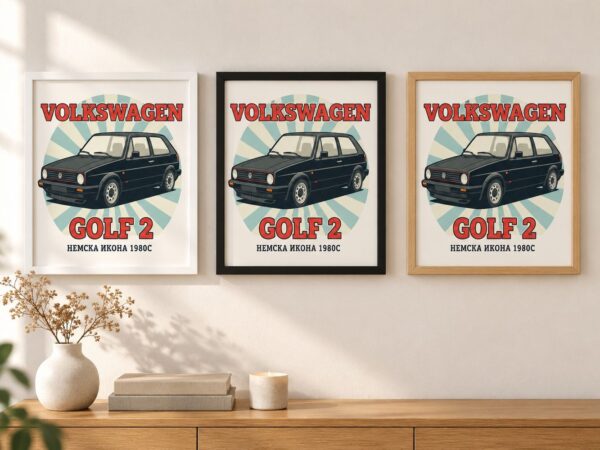 Същият постер с Volkswagen Golf 2 в бяла, черна и дървена рамка на стена в стая Същият постер с Volkswagen Golf 2 в бяла, черна и дървена рамка на стена в стая