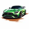 Постер зелен Mercedes-AMG GT R: лъскаво зелено спортно купе с оранжеви мазки по земята на бял фон Постер зелен Mercedes-AMG GT R: лъскаво зелено спортно купе с оранжеви мазки по земята на бял фон
