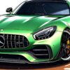 Детайл: решетката със звездата, фарът и лъскавият зелен капак на Mercedes-AMG GT R отблизо Детайл: решетката със звездата, фарът и лъскавият зелен капак на Mercedes-AMG GT R отблизо