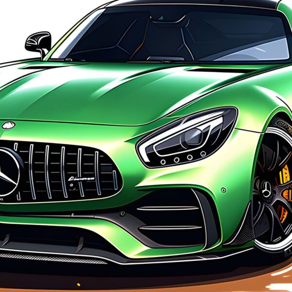 Детайл: решетката със звездата, фарът и лъскавият зелен капак на Mercedes-AMG GT R отблизо Детайл: решетката със звездата, фарът и лъскавият зелен капак на Mercedes-AMG GT R отблизо