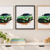Същият постер със зелен Mercedes-AMG GT R в бяла, черна и дървена рамка на стена в стая Същият постер със зелен Mercedes-AMG GT R в бяла, черна и дървена рамка на стена в стая