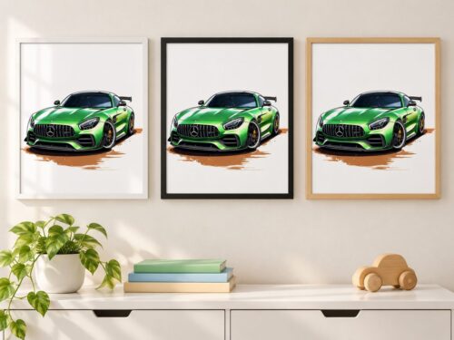 Същият постер със зелен Mercedes-AMG GT R в бяла, черна и дървена рамка на стена в стая