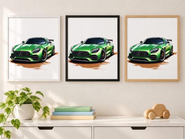 Същият постер със зелен Mercedes-AMG GT R в бяла, черна и дървена рамка на стена в стая Същият постер със зелен Mercedes-AMG GT R в бяла, черна и дървена рамка на стена в стая