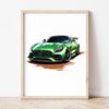 Постер със зелен Mercedes-AMG GT R в светла дървена рамка, облегнат на бяла стена върху паркет Постер със зелен Mercedes-AMG GT R в светла дървена рамка, облегнат на бяла стена върху паркет