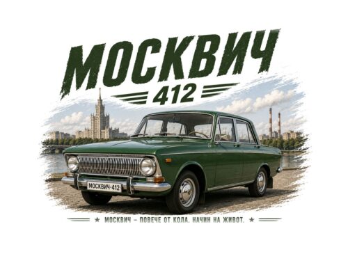 Постер зелен москвич 412: седан с хромирана решетка пред река, висока сграда и надпис „МОСКВИЧ 412“