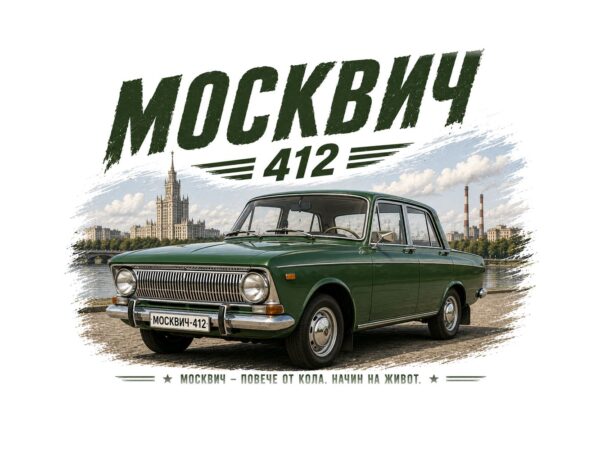 Постер зелен москвич 412: седан с хромирана решетка пред река, висока сграда и надпис „МОСКВИЧ 412“