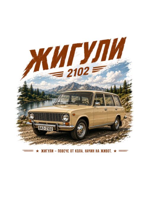 Постер жигули 2102 комби: бежова кола на брега на планинско езеро с надпис „ЖИГУЛИ“