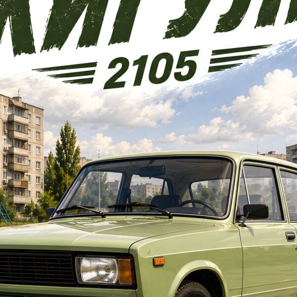 Детайл отблизо: Постер жигули 2105 панелен блок: светлозелен седан в двор с блокове и надпис „ЖИГУЛИ“ Детайл отблизо: Постер жигули 2105 панелен блок: светлозелен седан в двор с блокове и надпис „ЖИГУЛИ“